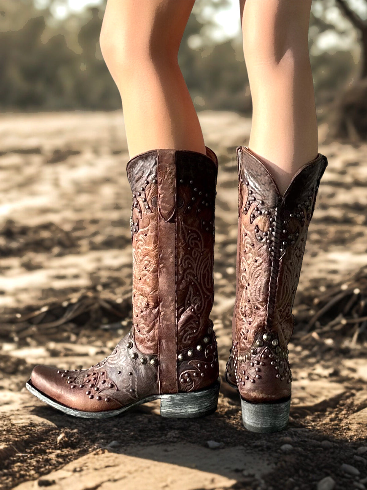 Contrast Brass And Chocolate Snip-Toe Studs And Embroidery Mid Calf Cowgirl Boots