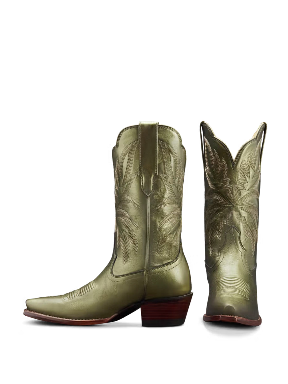 Retro Embroidery Snip-Toe Mid Calf Cowgirl Boots - Metallic Green