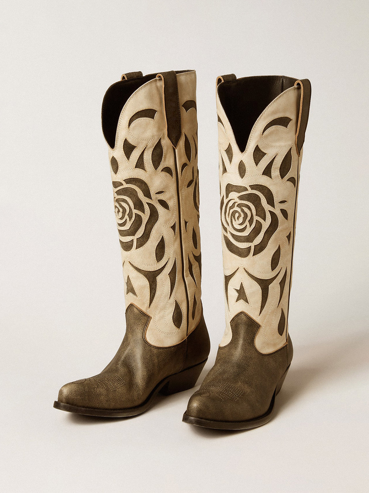 Contrast Beige And Brown Snip-Toe Rose Inlay Wide Calf Knee High Cowgirl Boots