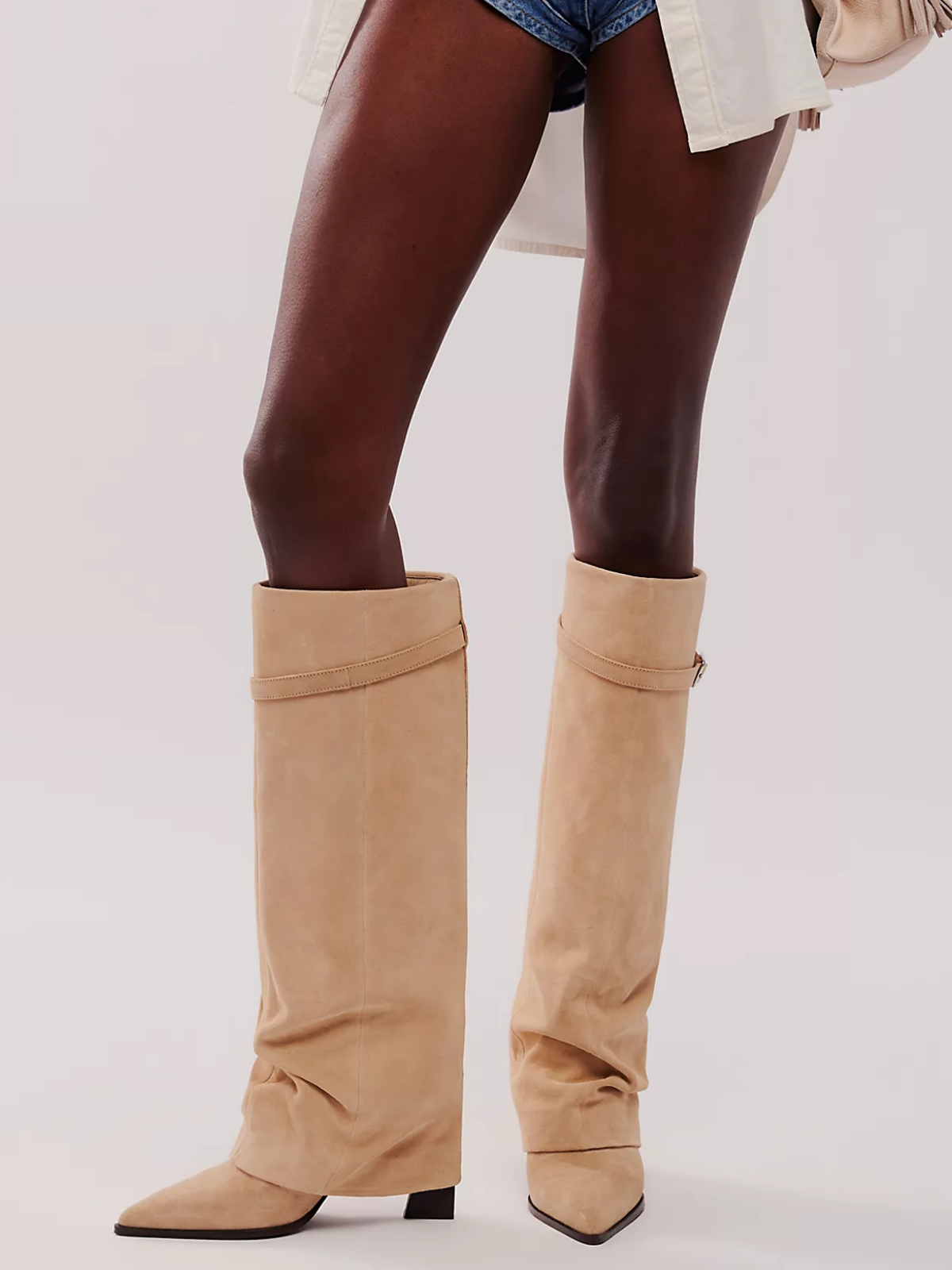 Faux Suede Pointed-Toe Buckle Fold-Over Mid Calf Boots - Sand