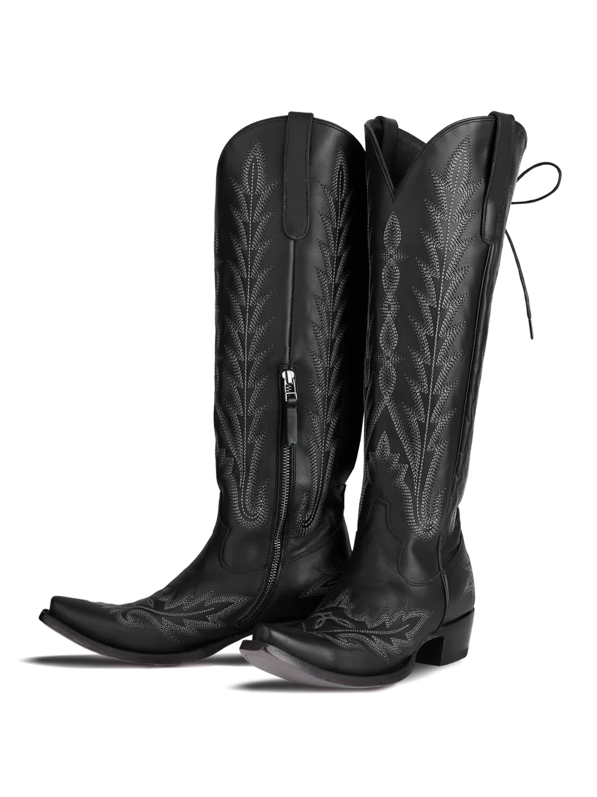 Snip-Toe Embroidery Half-Zip Back Lace-Up Knee High Cowgirl Boots - Black