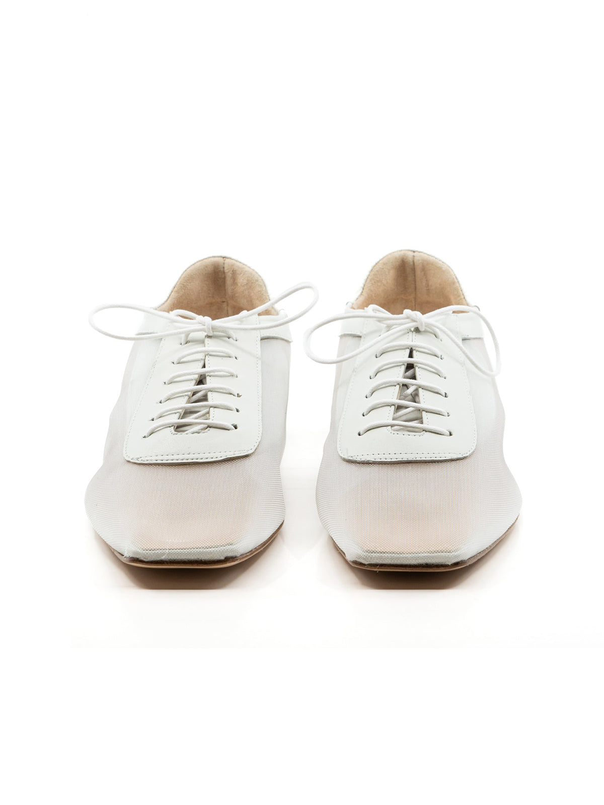 White Mesh And Vegan Leather Square-Toe Lace-Up Simple Flats