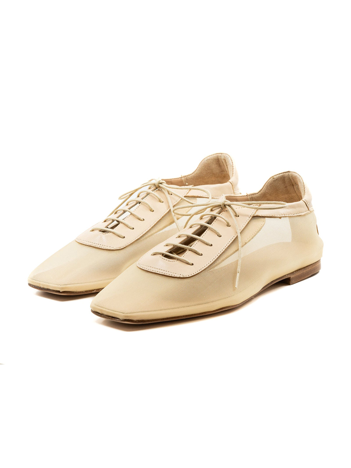 Beige Mesh And Vegan Leather Square-Toe Lace-Up Simple Flats