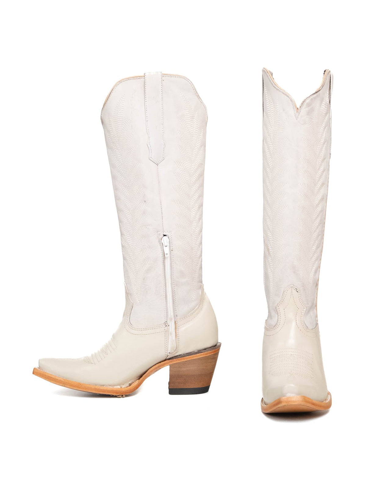 Ivory Vegan Leather Snip-Toe Embroidery Half-Zip Knee High Chic Cowgirl Boots