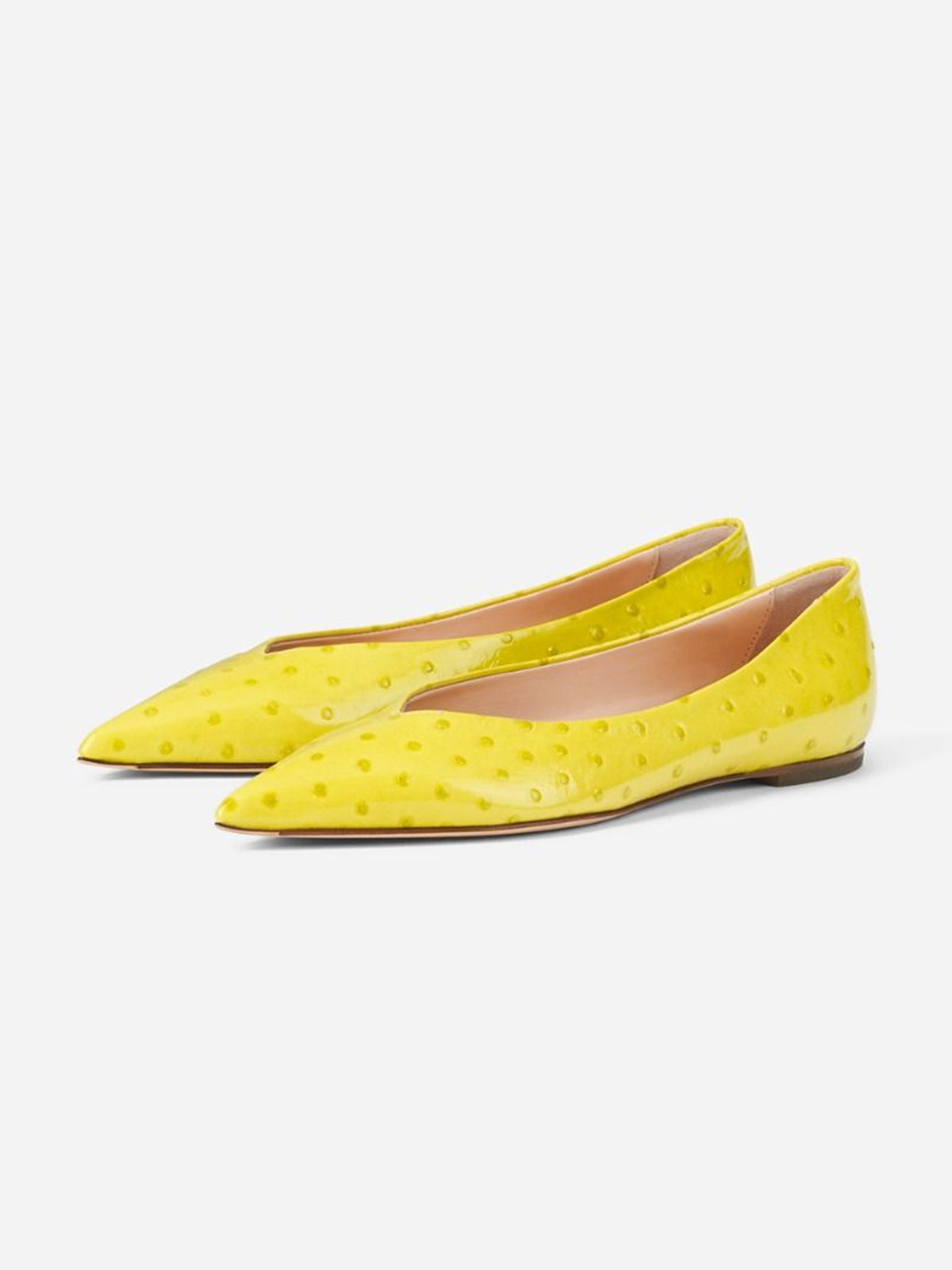 Yellow Ostrich Pattern Pointed-Toe Slip-On Ballet Flats