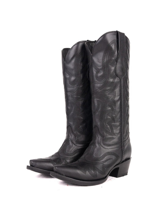 Snip-Toe Sleek Embroidery Mid Calf Cowgirl Boots For Woman - Black