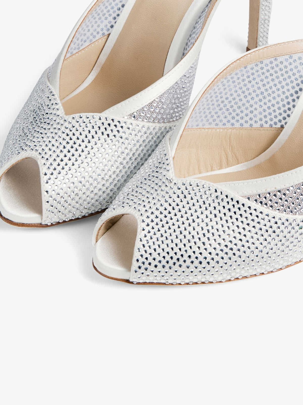 Ivory Satin And Crystals Mesh Peep Round-Toe Slip-On Mules High Heels