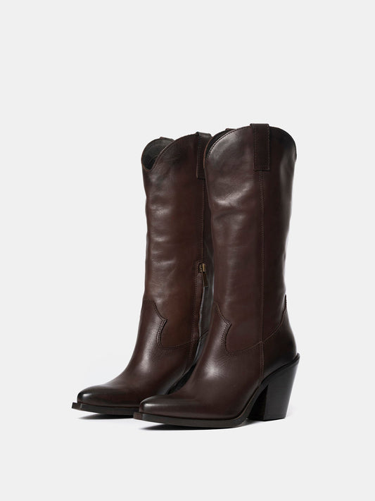 Dark Brown Snip-Toe Simple Half-Zip Mid Calf Classic Cowgirl Boots