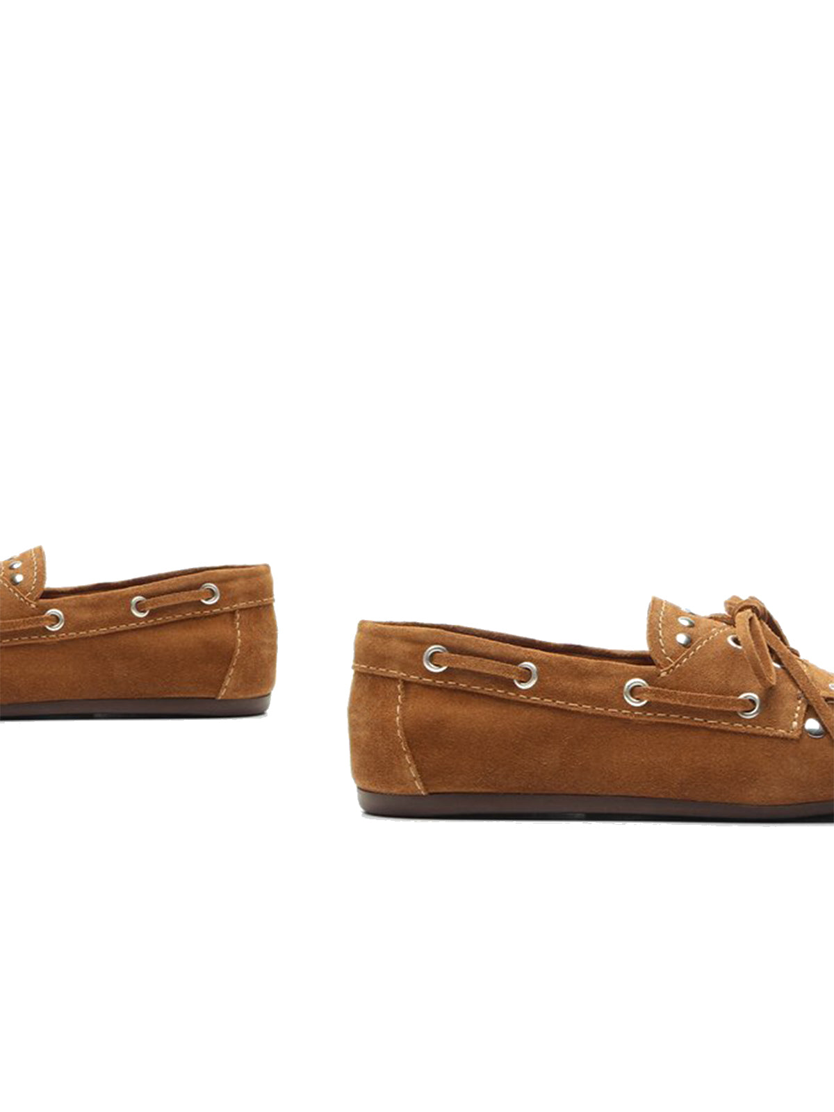 Caramel Faux Suede Round-Toe Studs And Bow Classic Boat Shoes Flats