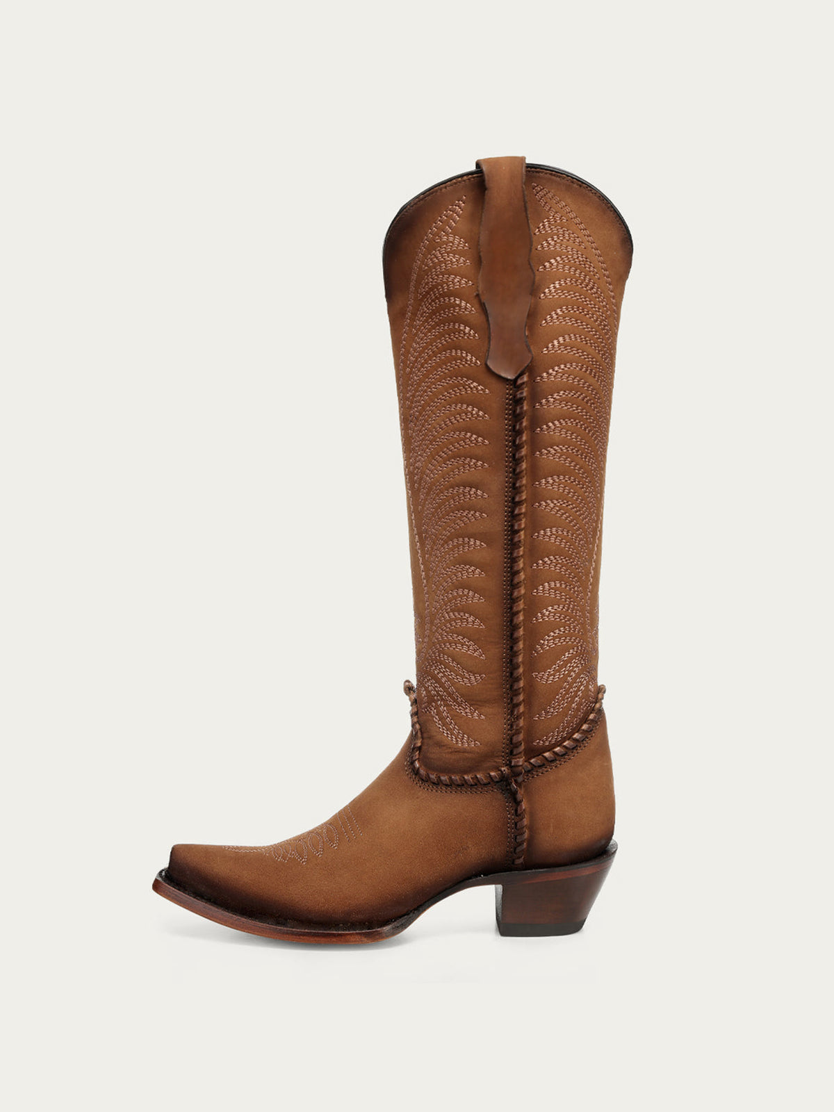 Dark Honey Snip-Toe Embroidery Side Woven Detail Full-Zip Knee High Cowgirl Boots