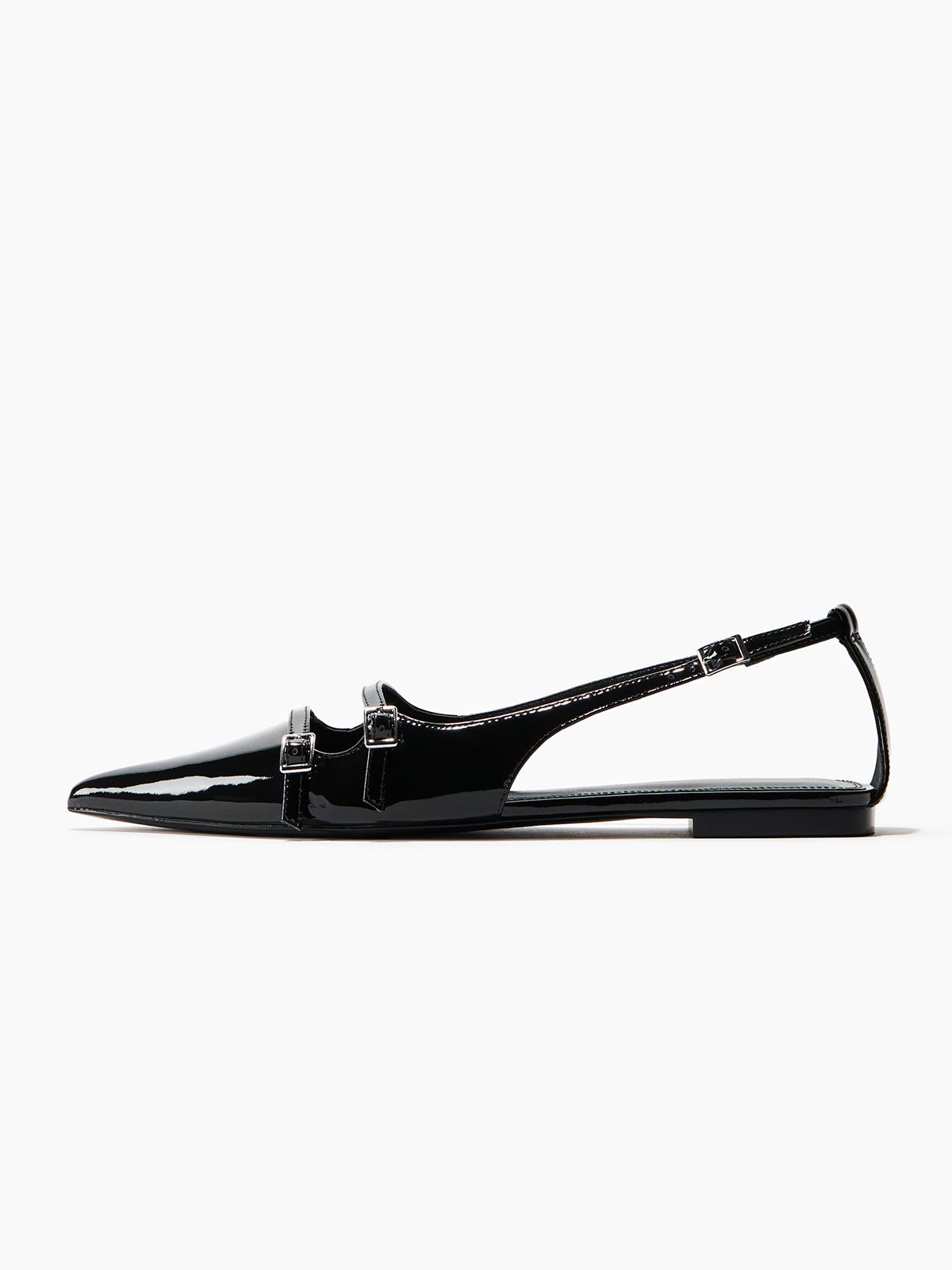 Patent Black Pointed-Toe Front Double Strap And Slingback Flats