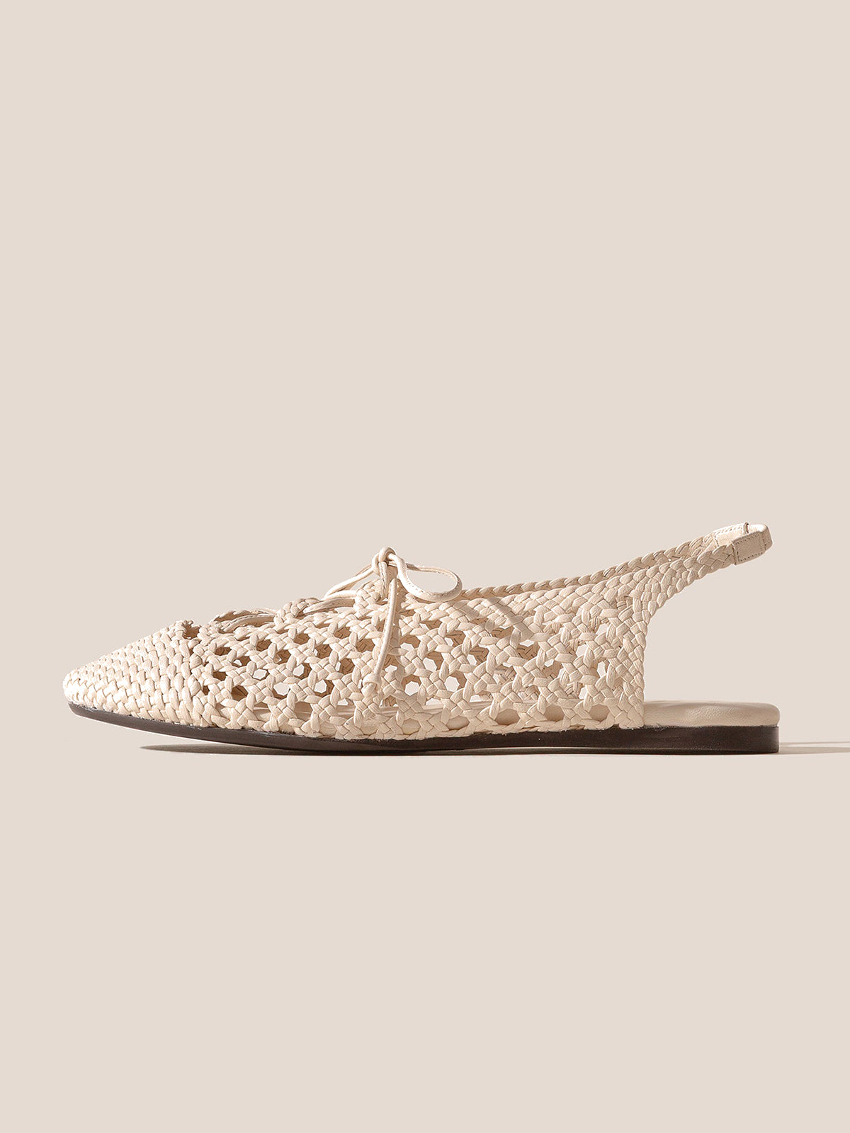 Ivory Woven Vegan Leather Round-Toe Lace-Up And Back Strap Flats