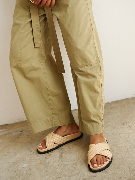 Beige Square-Toe Crossed Straps Chic Backless Flats