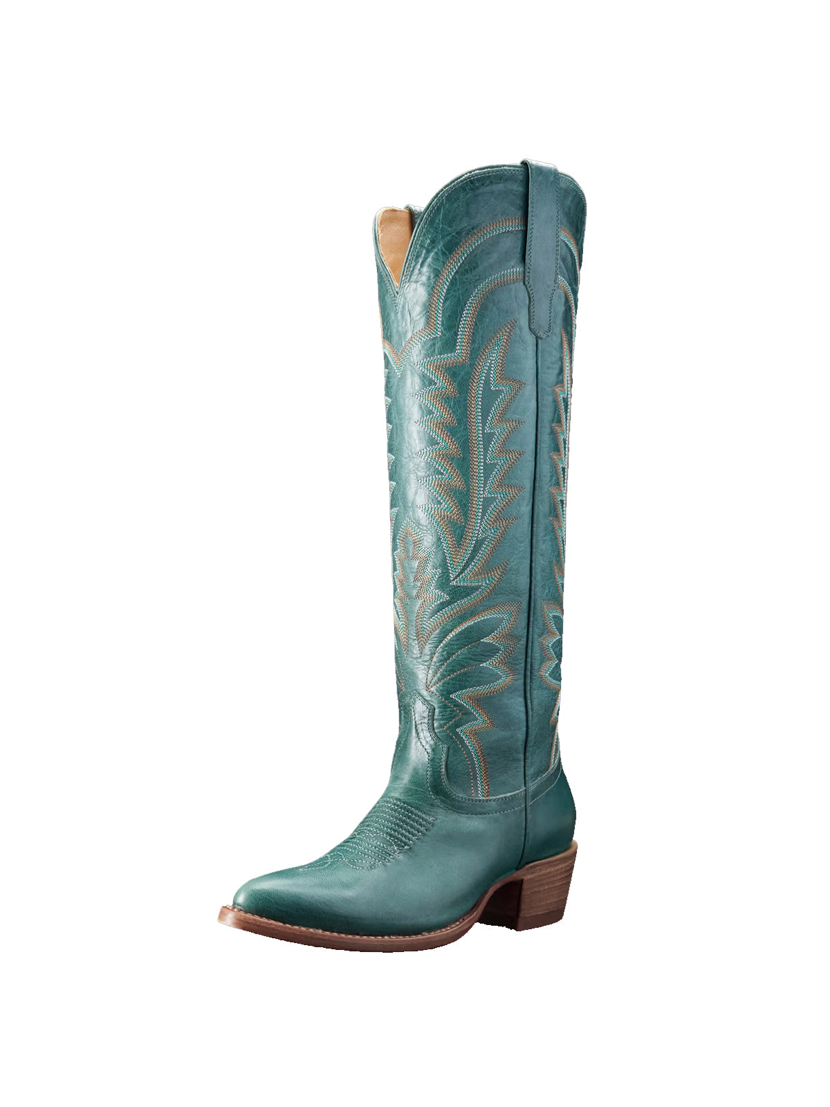 Western Embroidery Almond-Toe Tall Knee High Cowgirl Boots - Green