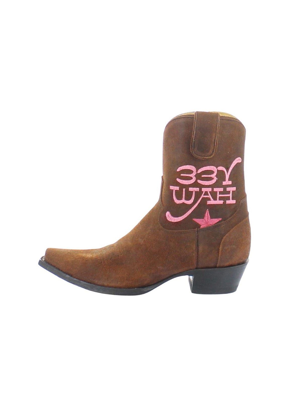 Brown Faux Suede Snip-Toe "YEE HAW" Embroidery Full-Zip Ankle Cowgirl Boots