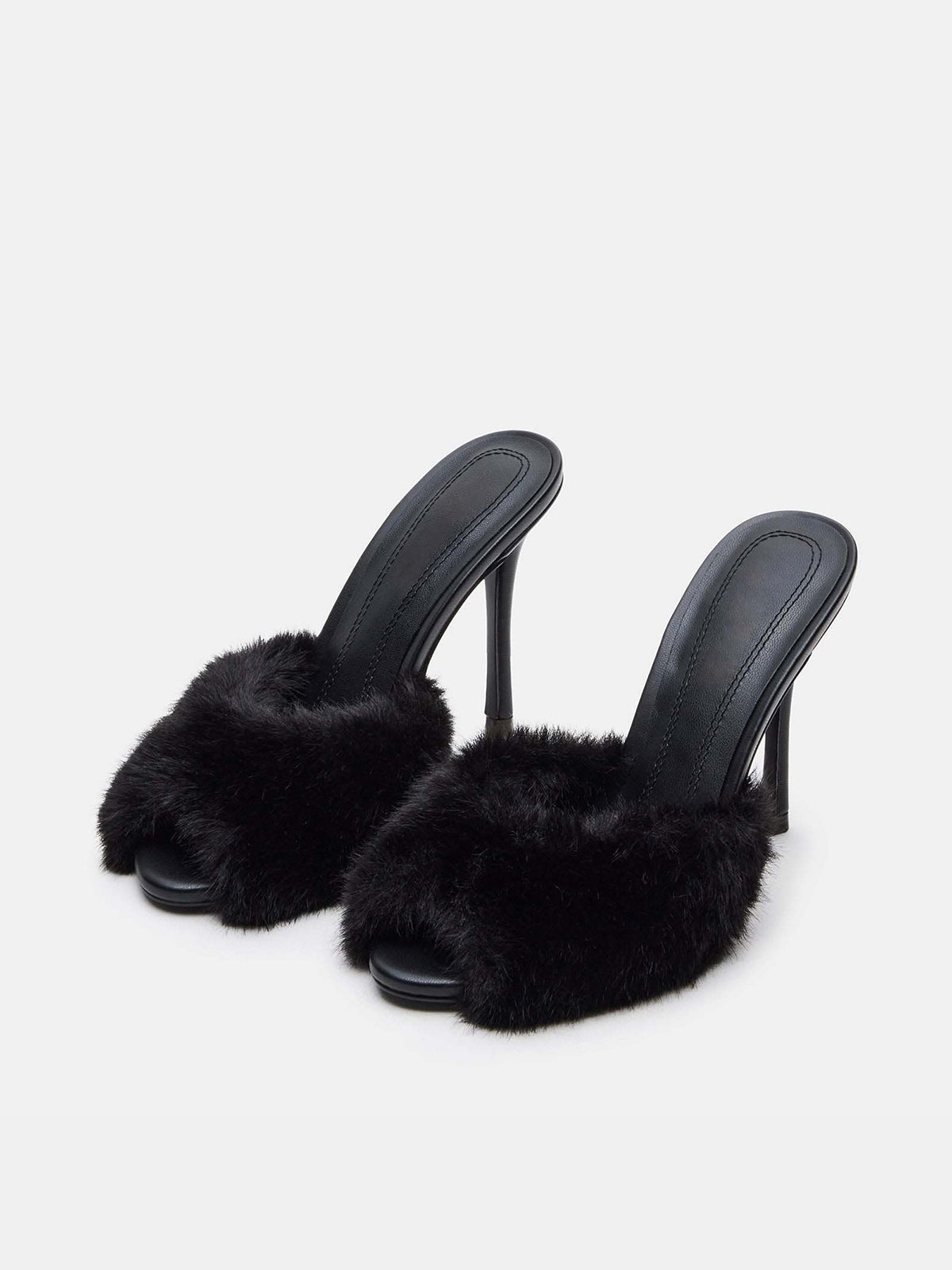 Round-Toe Slip-On High Stiletto Heels Pumps - Black Faux Fur
