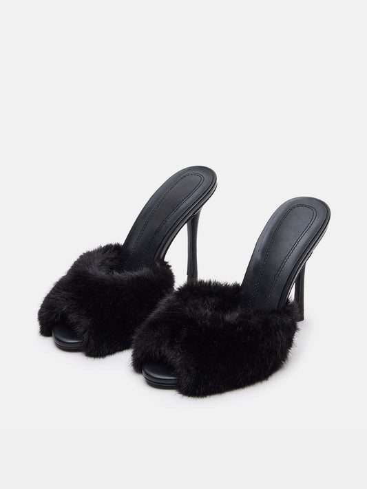 Round-Toe Slip-On High Stiletto Heels Pumps - Black Faux Fur