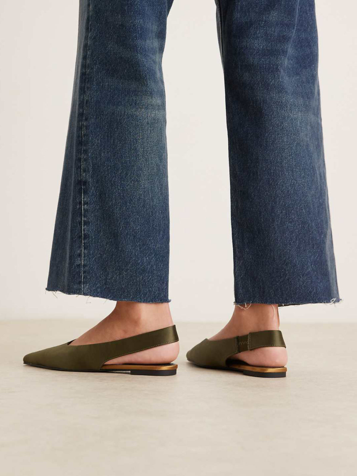 Green Satin Pointed-Toe Elasticated Slingback Strap Flats