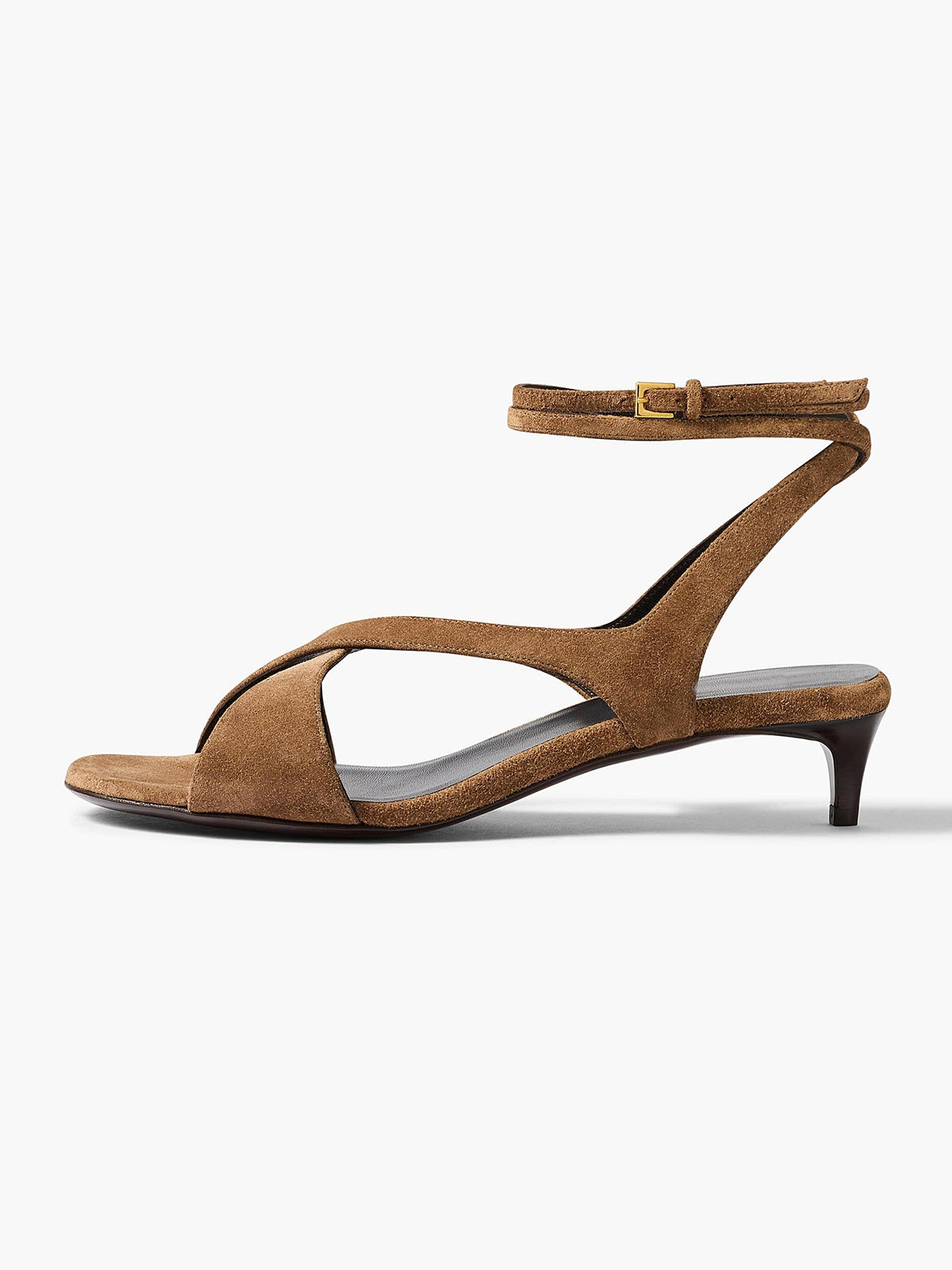 Brown Faux Suede Square-Toe Crossed Straps Back And Ankle Strap Kitten Heels