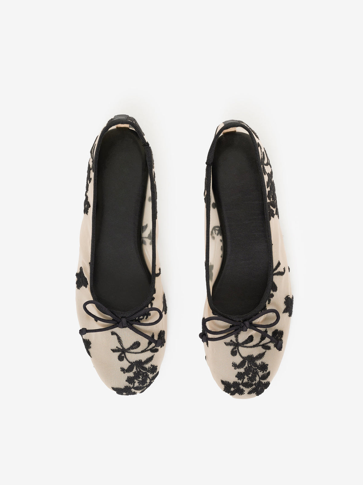 Black Mesh Round-Toe Floral Embroidery Bow Ballet Flats