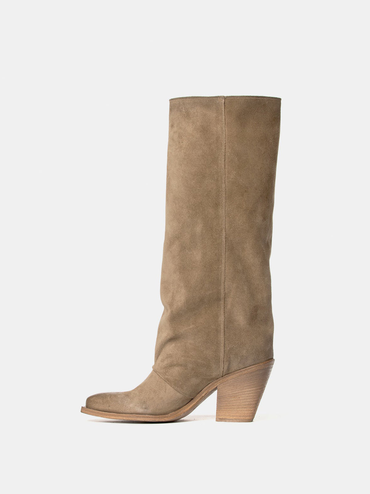 Taupe Faux Suede Snip-Toe Side Fringe Wide Calf Knee High Cowgirl Boots