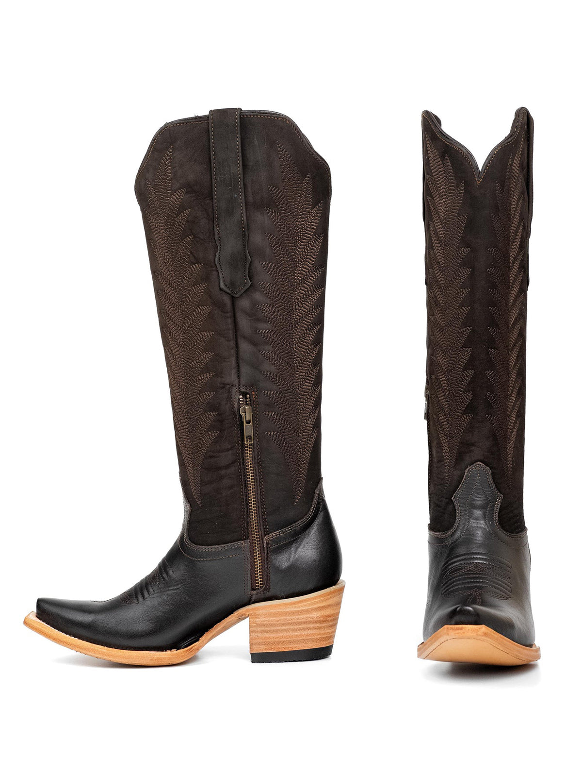 Brown Faux Suede And Vegan Leather Snip-Toe Embroidery Half-Zip Knee High Chic Cowgirl Boots