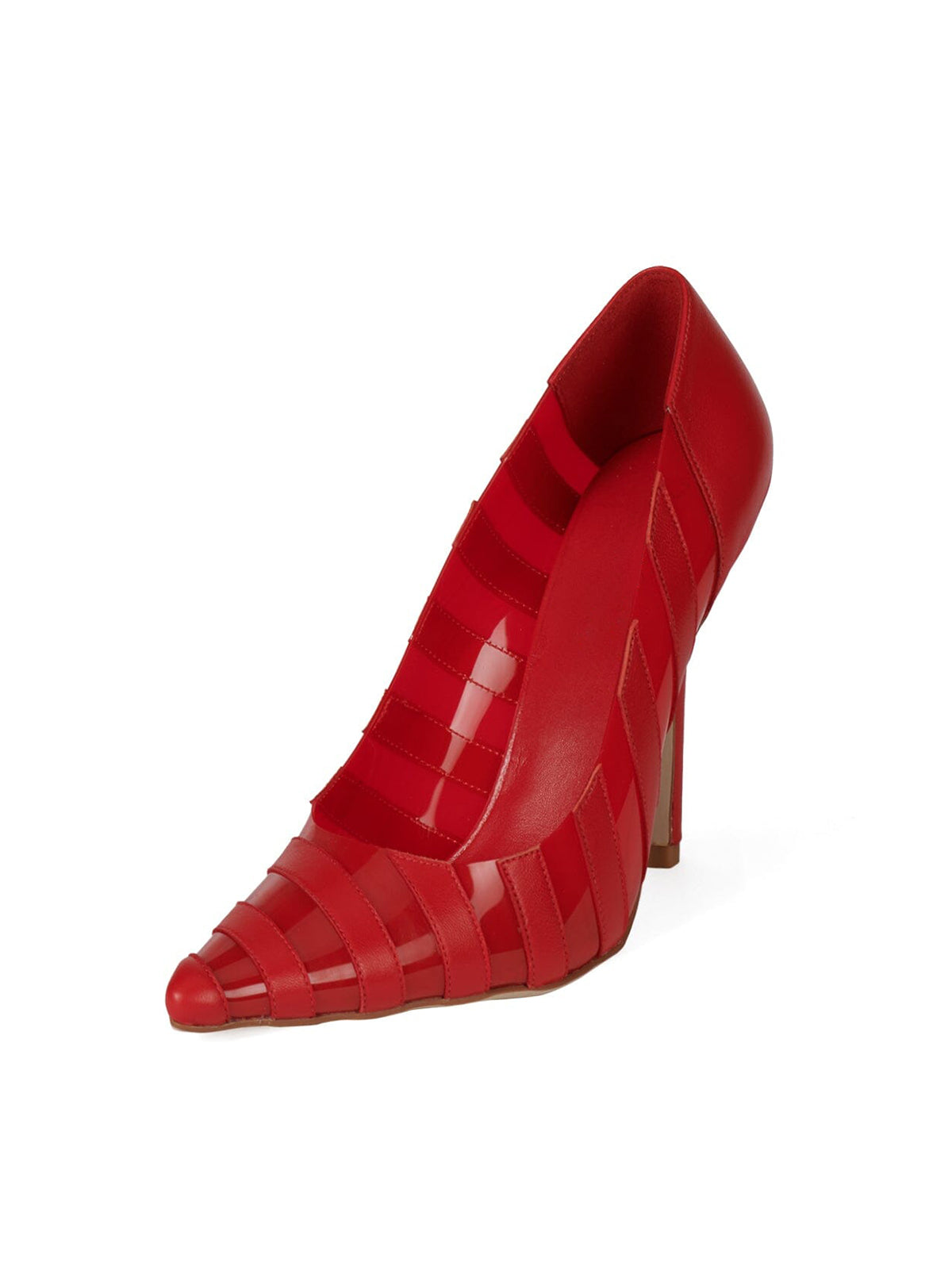 Red Contrast Vegan Leather And PVC Film Pointed-Toe Slip-On High Heels