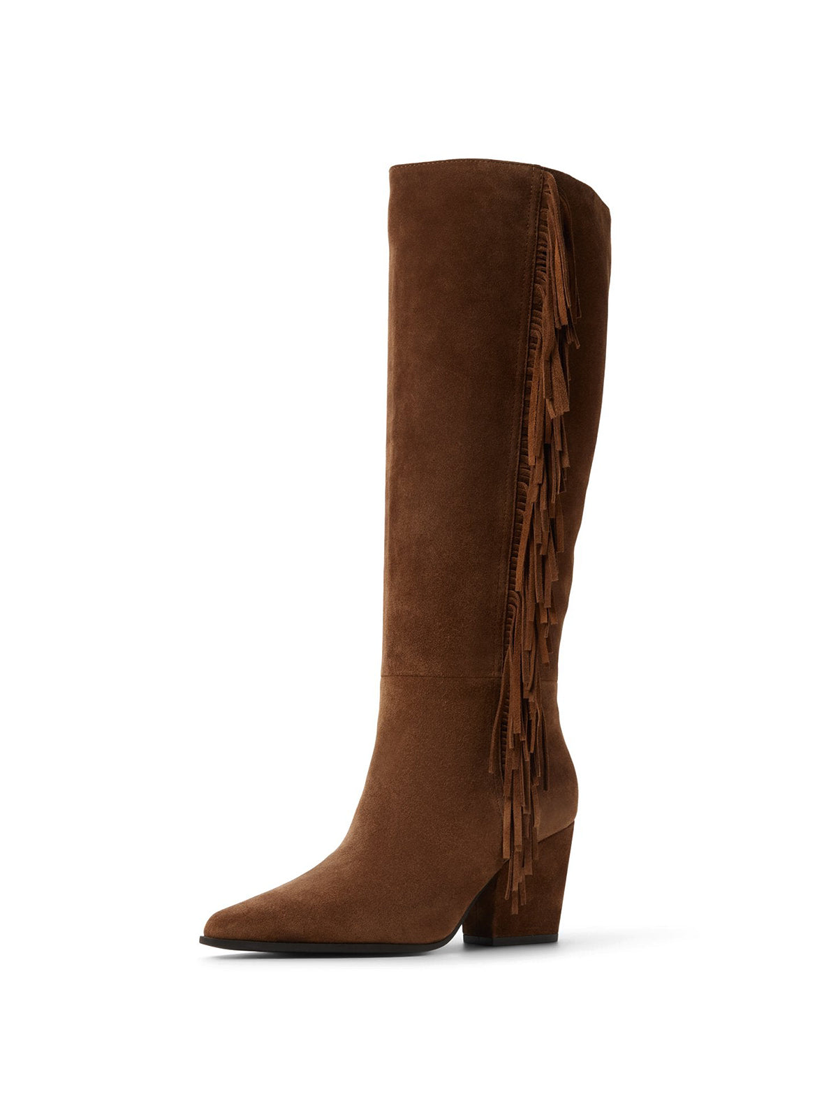 Brown Faux Suede Snip-Toe Side Fringe Half-Zip Simple Knee High Cowgirl Boots