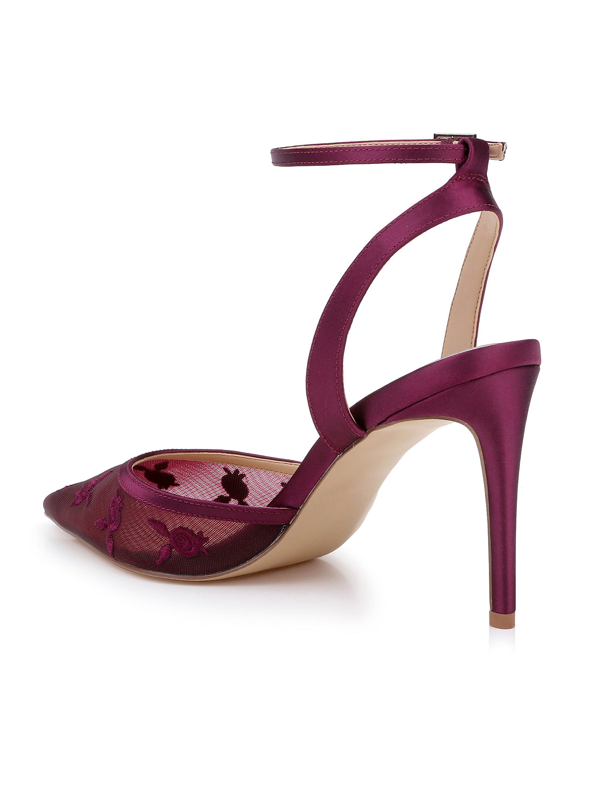 Burgundy Mesh And Satin Pointed-Toe Back And Ankle Strap Chic High Heels