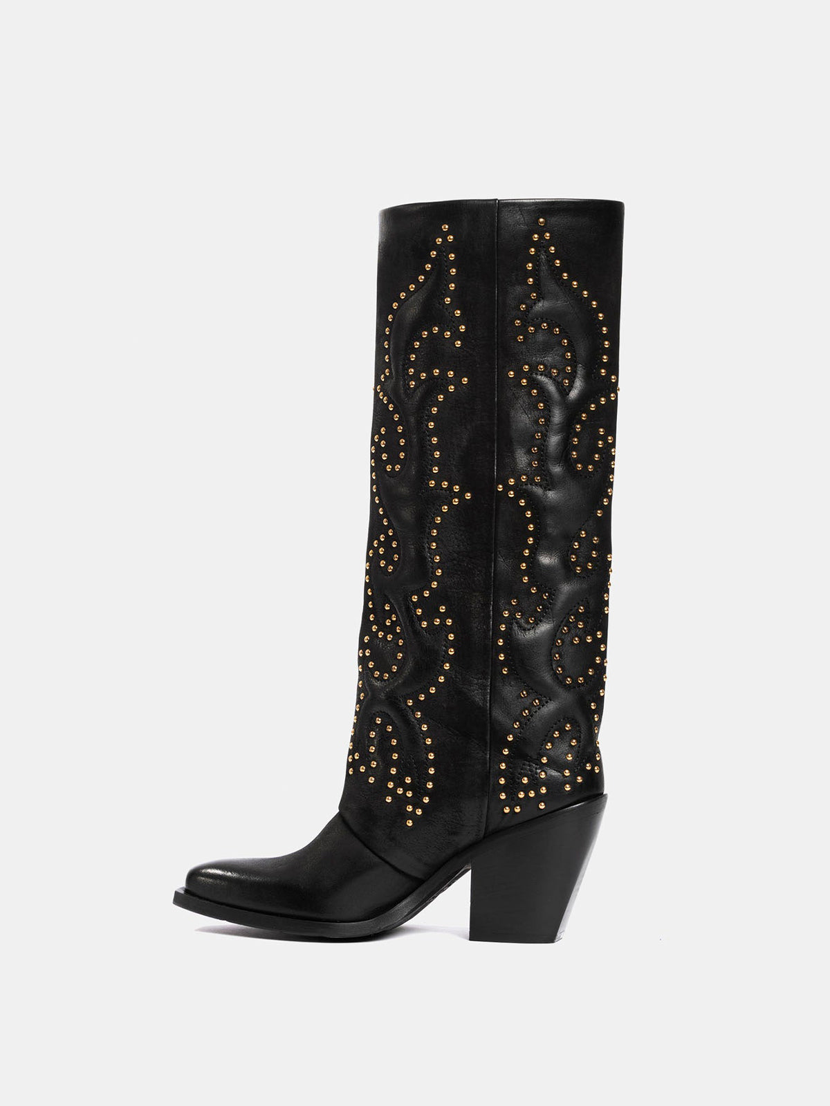 Black Snip-Toe Embroidery Gold Studs Wide Calf Knee High Cowgirl Boots
