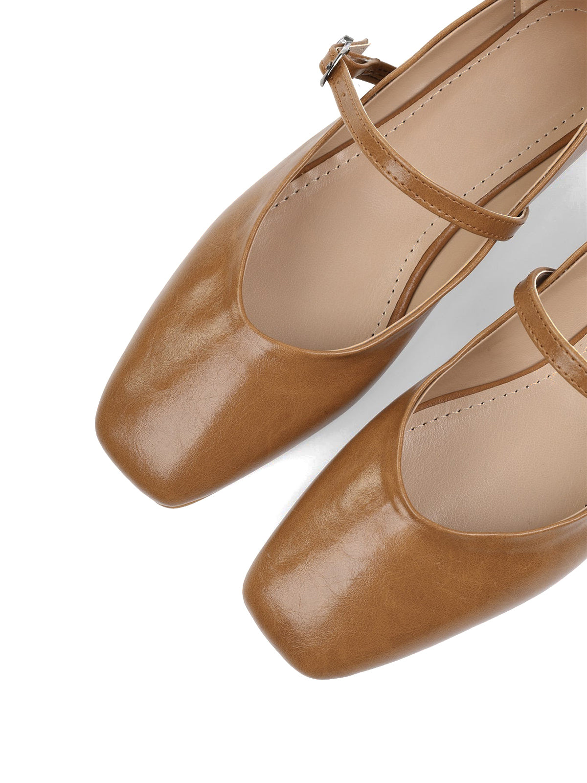 Caramel Square-Toe Buckle Bridge Strap Stylish Ballet Flats