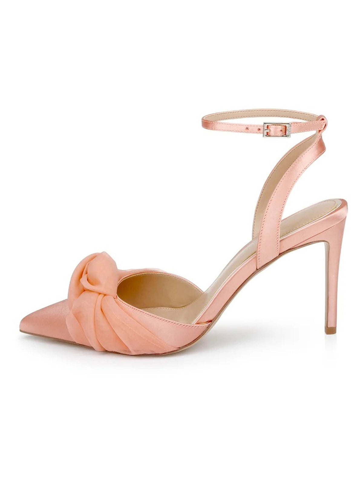 Pink Satin Pointed-Toe Front Soft Knot Slingback Ankle Strap High Heels