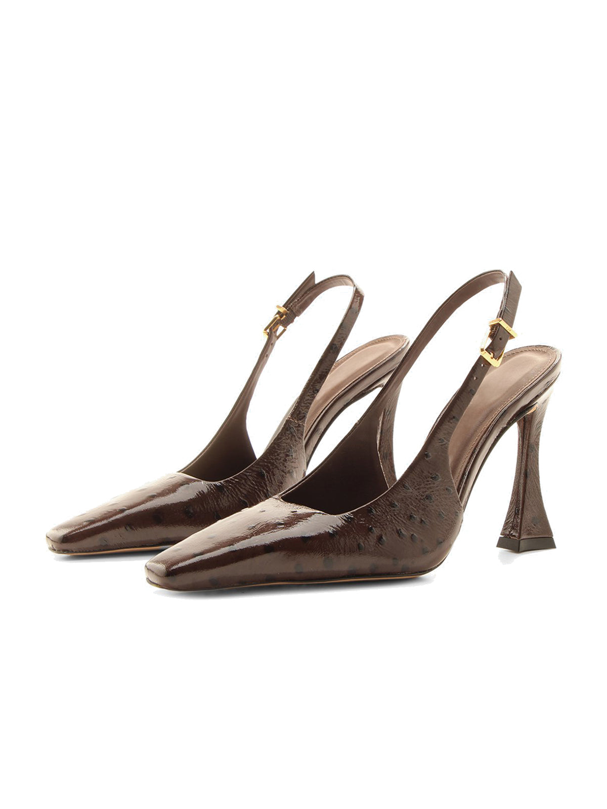 Maroon Ostrich Pattern Square-Toe Buckle Back Strap High Heels