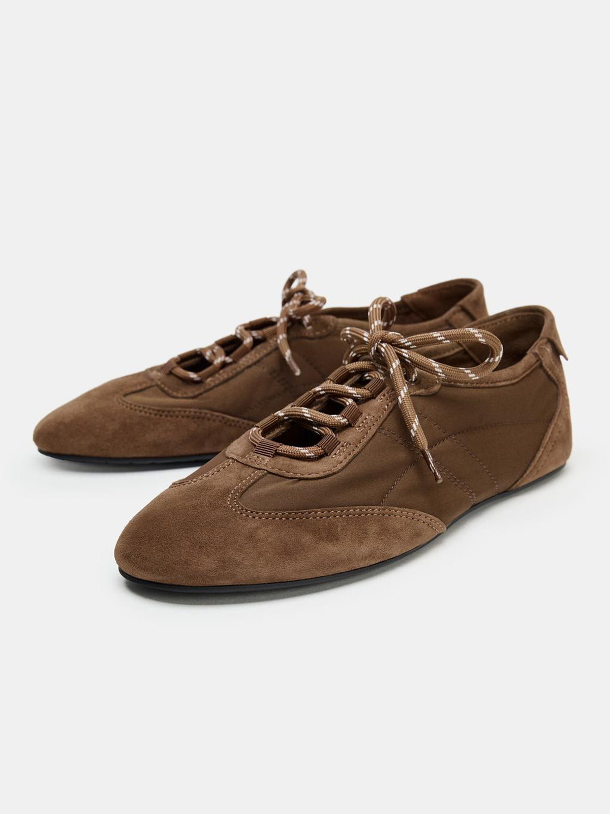 Brown Faux Suede And Satin Round-Toe Lace-Up Flats Sneakers