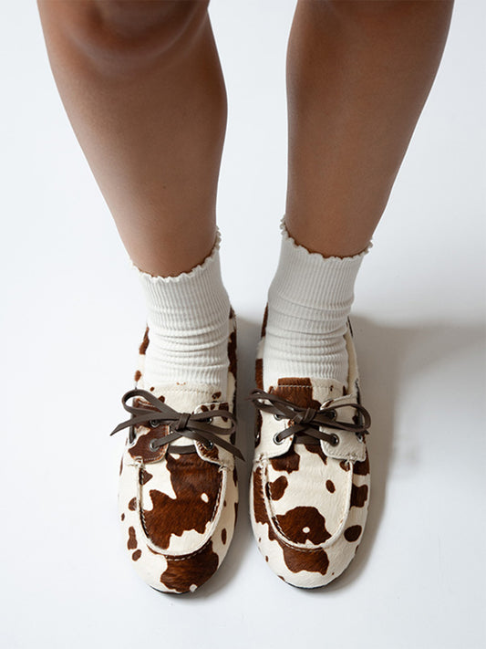 Cow Print Round-Toe Lace-Up Classic Boat Shoes Flats