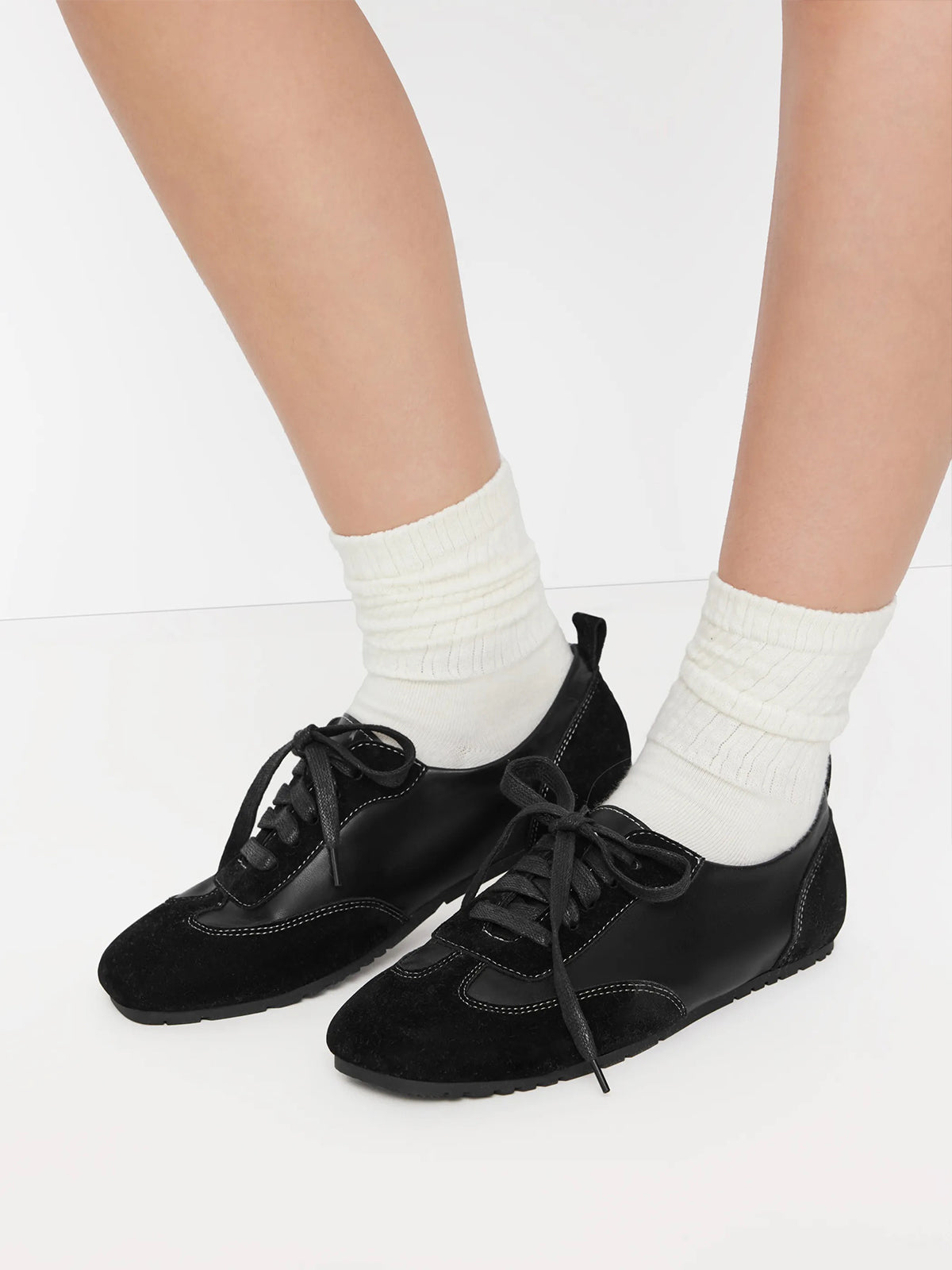 Black Cow Suede And Vegan Leather Square-Toe Lace-Up Sneakers