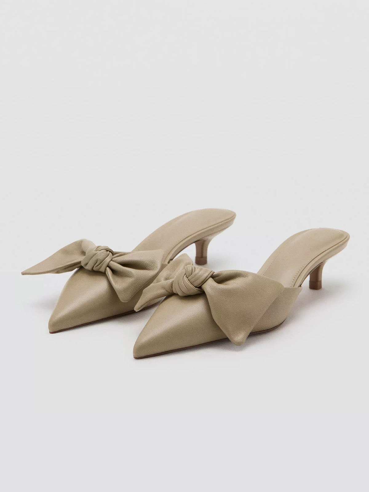 Ecru Pointed-Toe Front Big Bow Slip-On Chic Kitten Heels