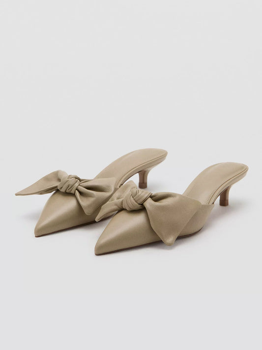 Ecru Pointed-Toe Front Big Bow Slip-On Chic Kitten Heels