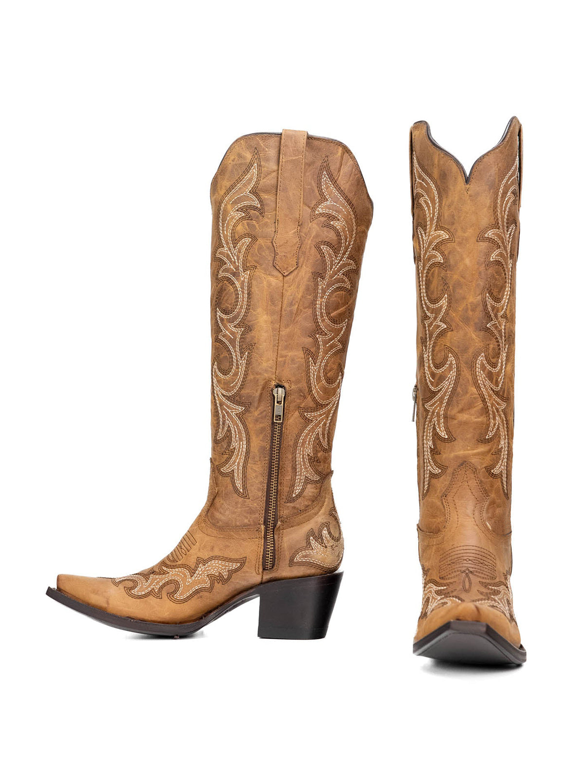 Snip-Toe Chic Embroidery Half-Zip Knee High Cowgirl Boots For Woman - Distressed Tan