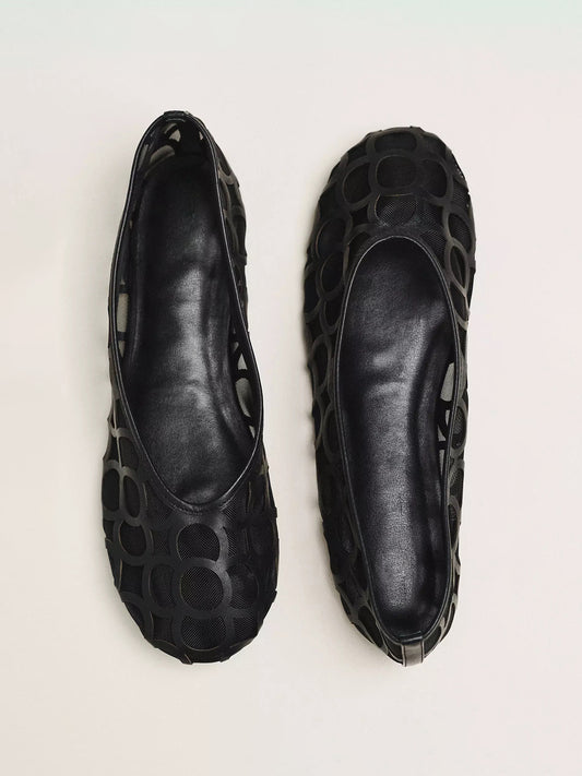 Black Vegan Leather Round-Toe Cutout With Mesh Ballet Flats