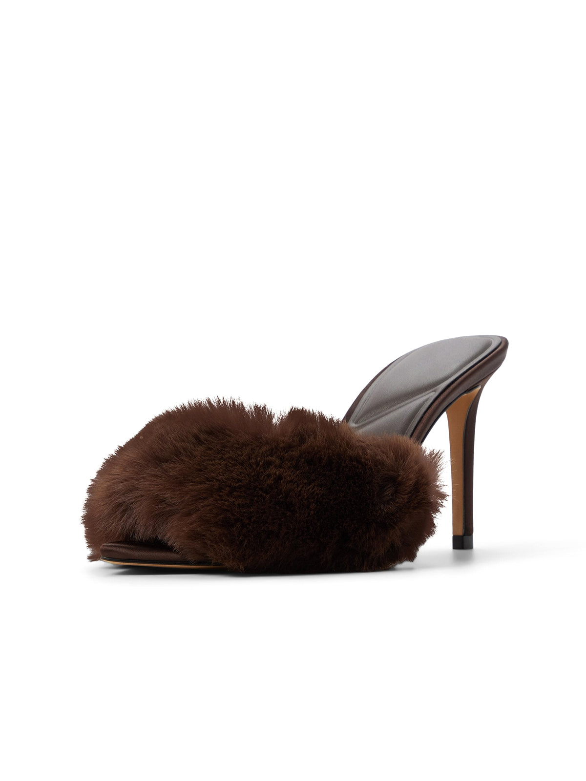 Dark Brown Pointed-Toe Front Plush Slip-On Backless High Heels