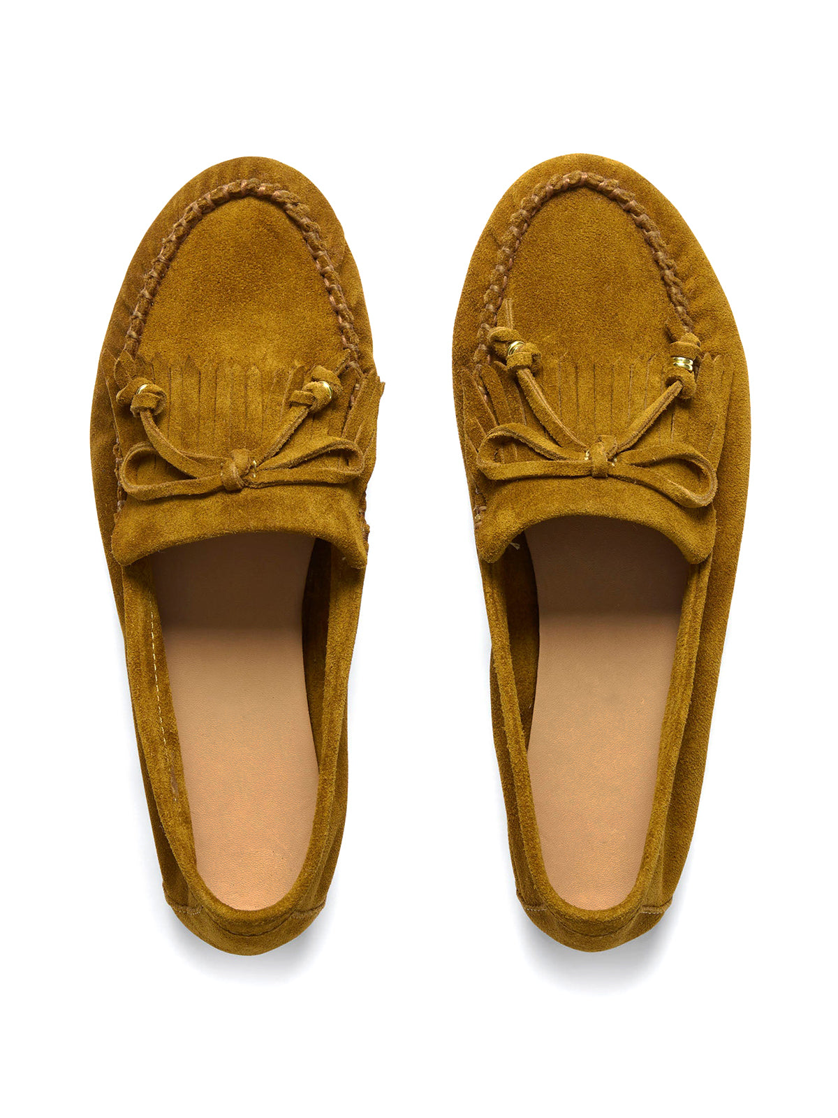Caramel Cow Suede Round-Toe Front Fringe And Bow Loafers Flats