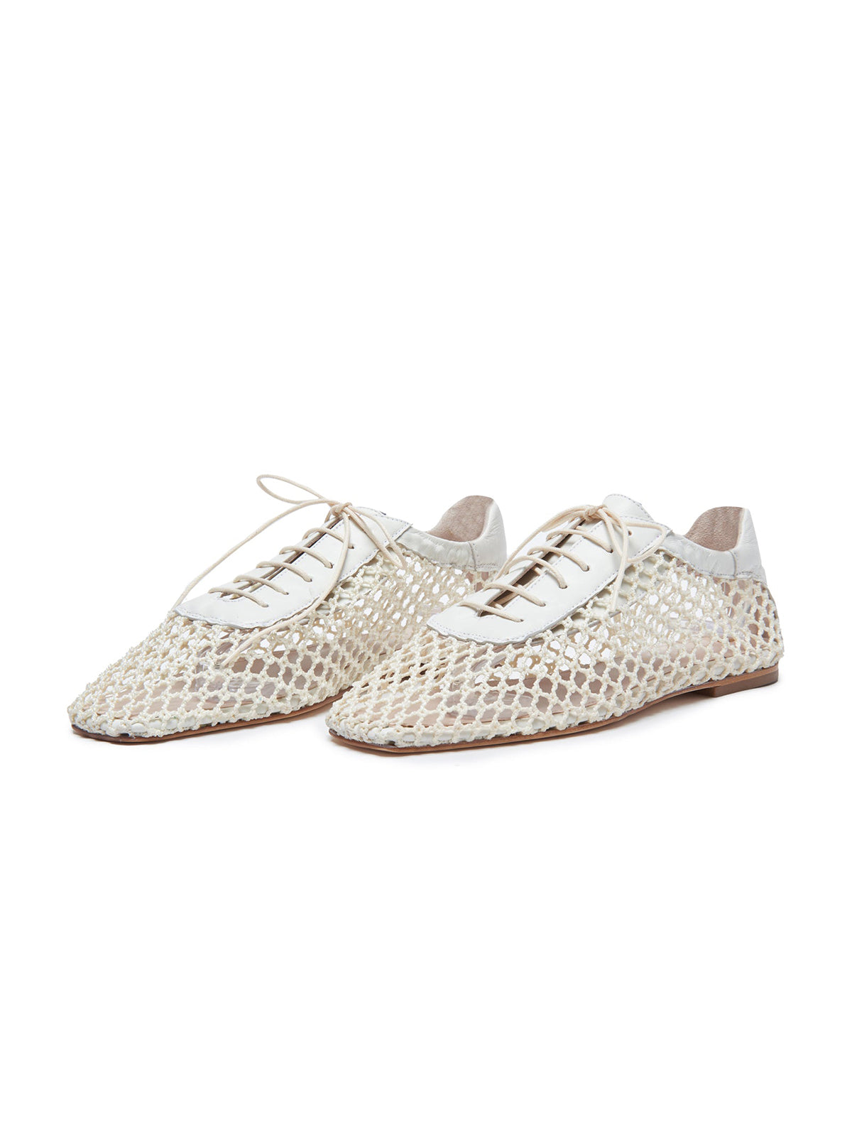 Ivory Mesh And Vegan Leather Square-Toe Lace-Up Chic Flats