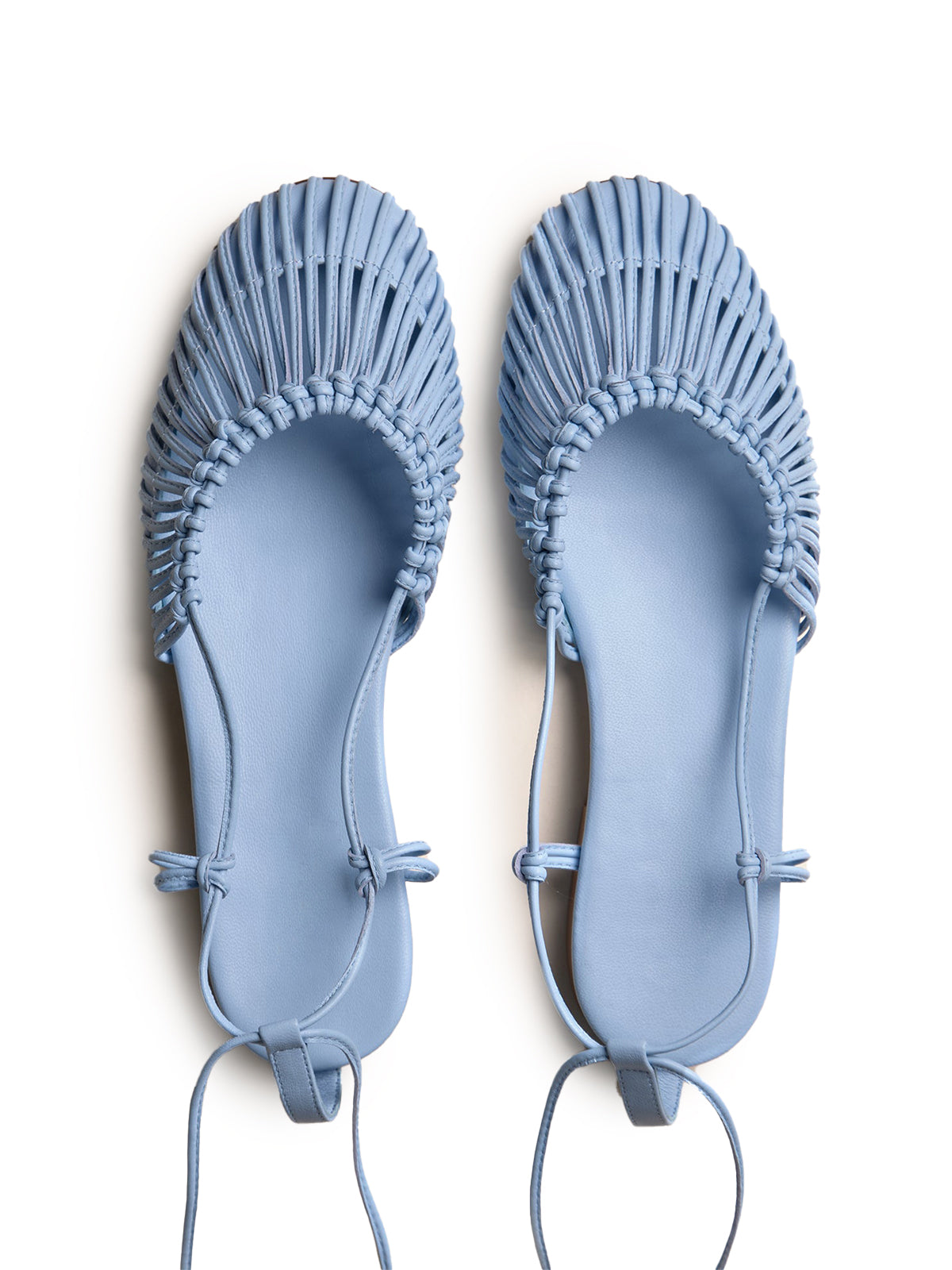 Blue Knotted Strappy Semi-Hollow Round-Toe Flats Self-Tie Sandals