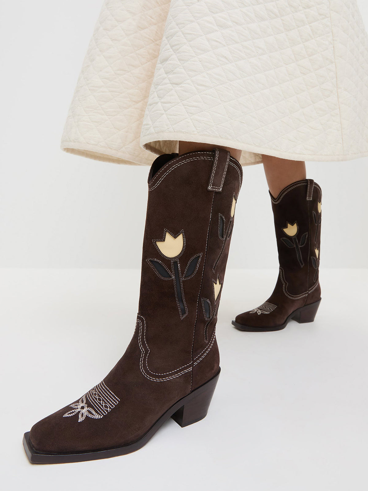 Brown Faux Suede Square-Toe Tulip Inaly Mid Calf Cowgirl Boots