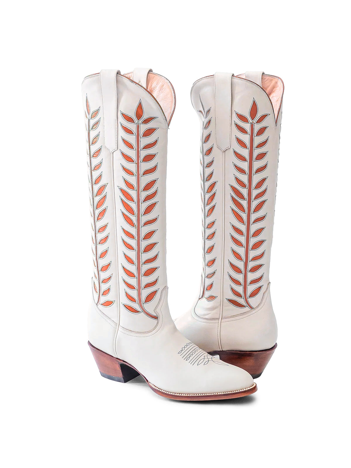 Almond-Toe Orange Leaves Inlay Wide Calf Tall Knee High Cowgirl Boots - White