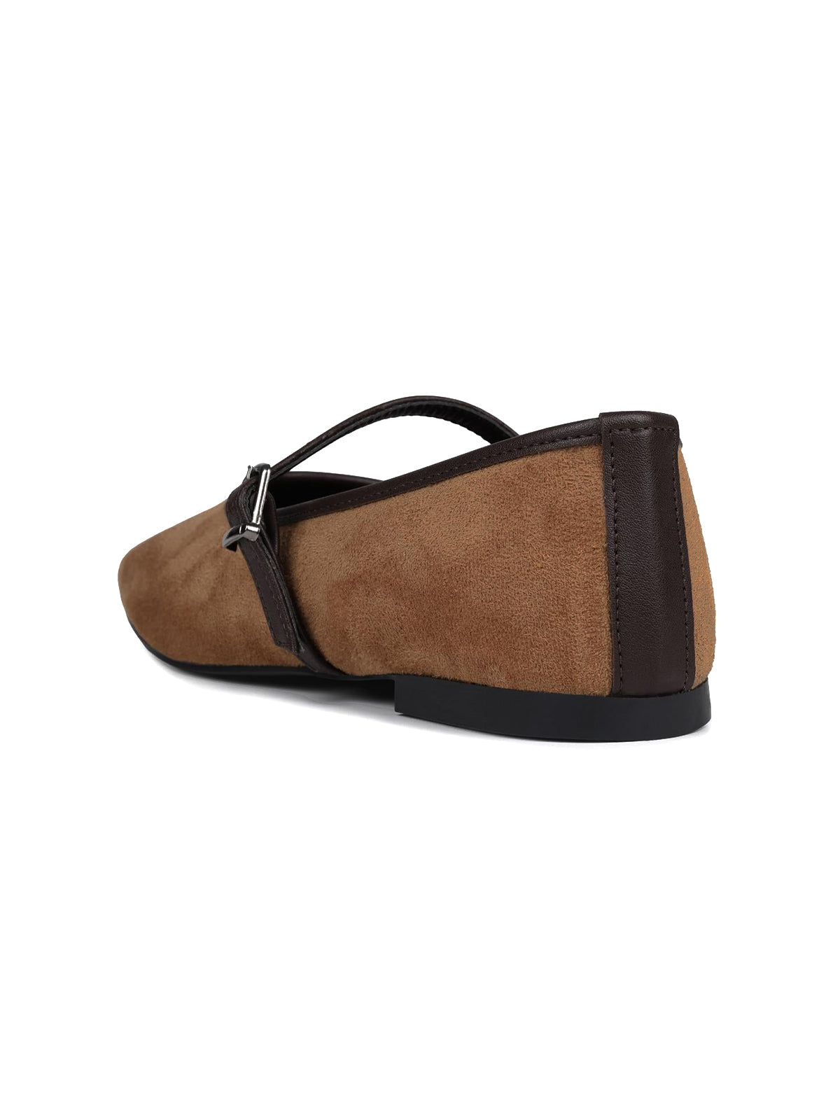 Tan Faux Suede Square-Toe Buckle Bridge Strap Classic Ballet Flats