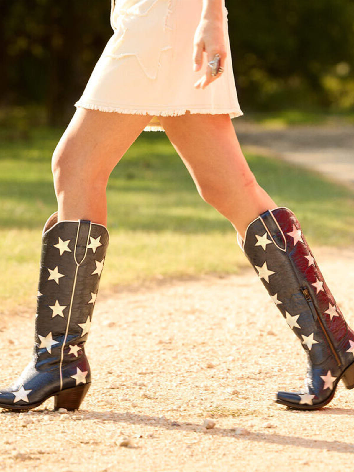 Metallic Blue Snip-Toe Silver Stars Inlays Chic Half-Zip Knee High Cowgirl Boots