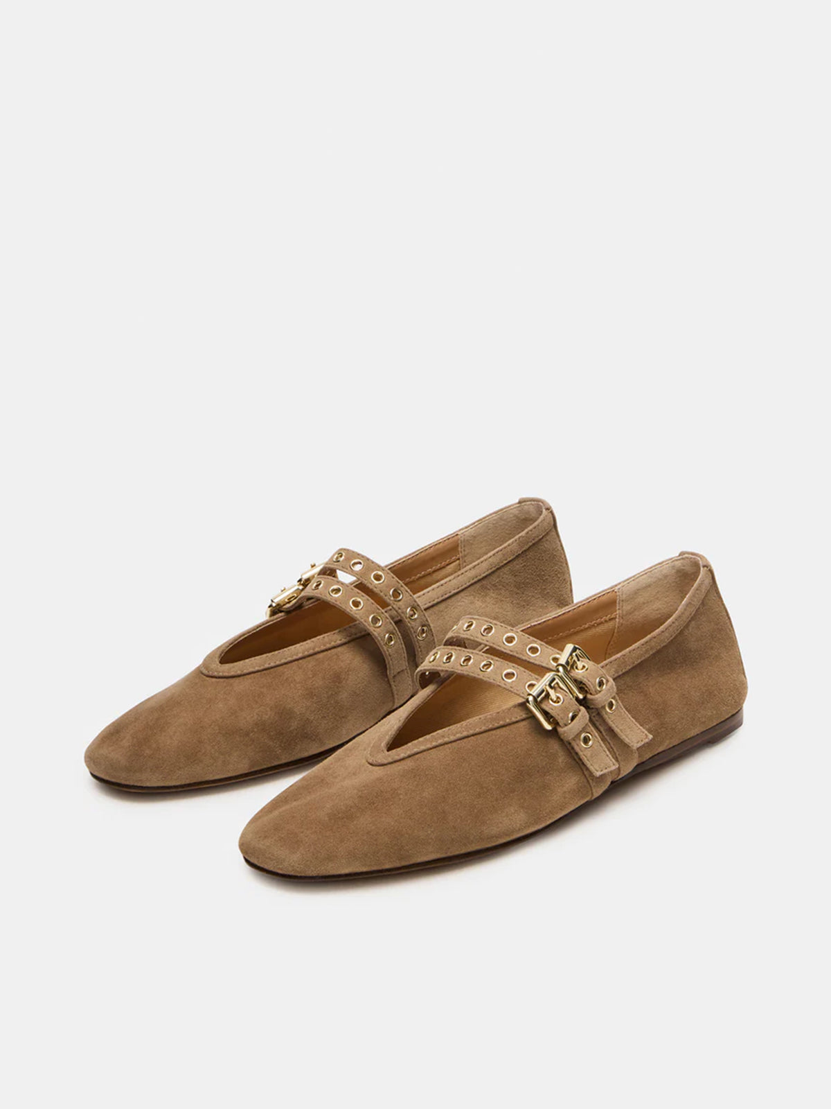 Taupe Faux Suede Square-Toe Double Bridge Straps Ballet Flats