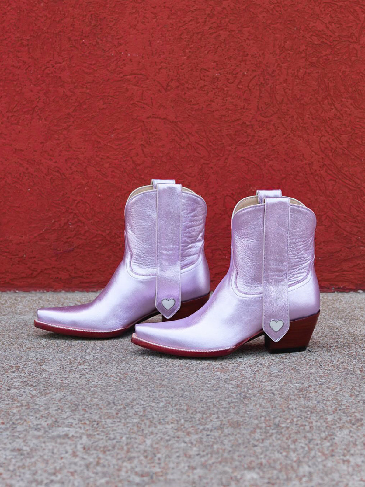 Metallic Pink Snip-Toe Long Ear Pull  With Heart Inlay Ankle Boots